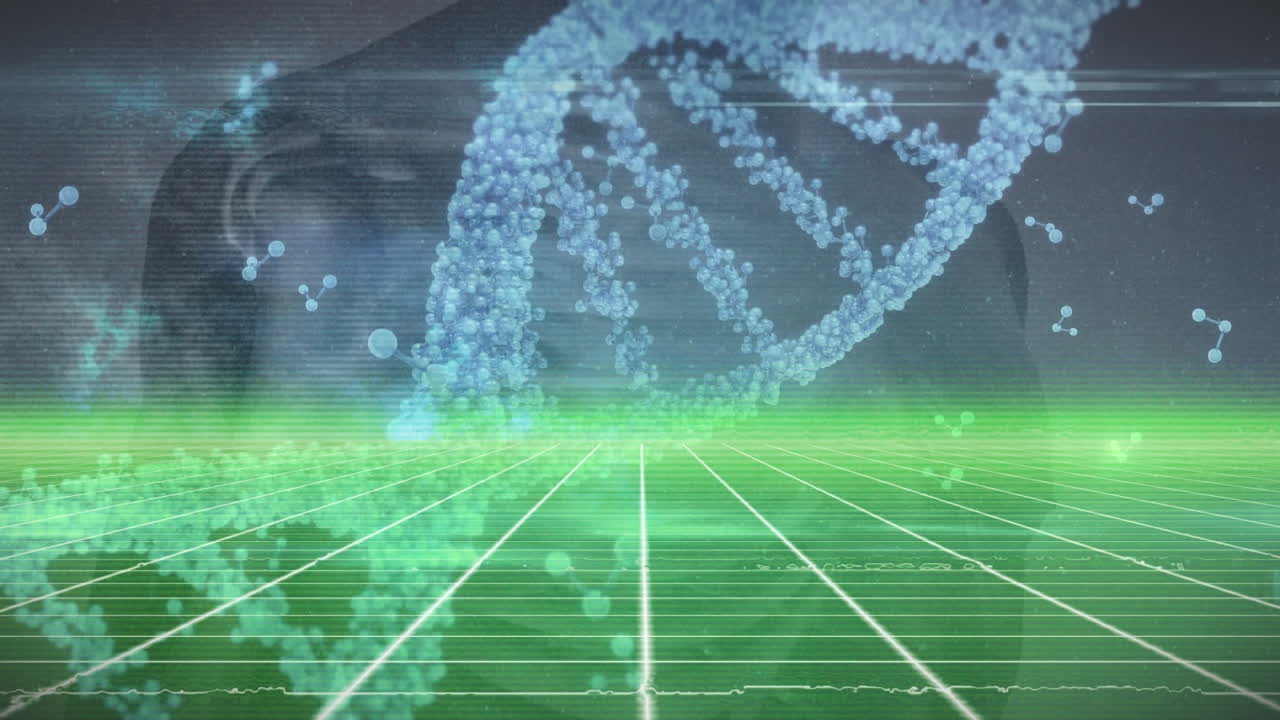 백색 배경에 디지털 인간 위에 있는 dna 줄무의 애니메이션.