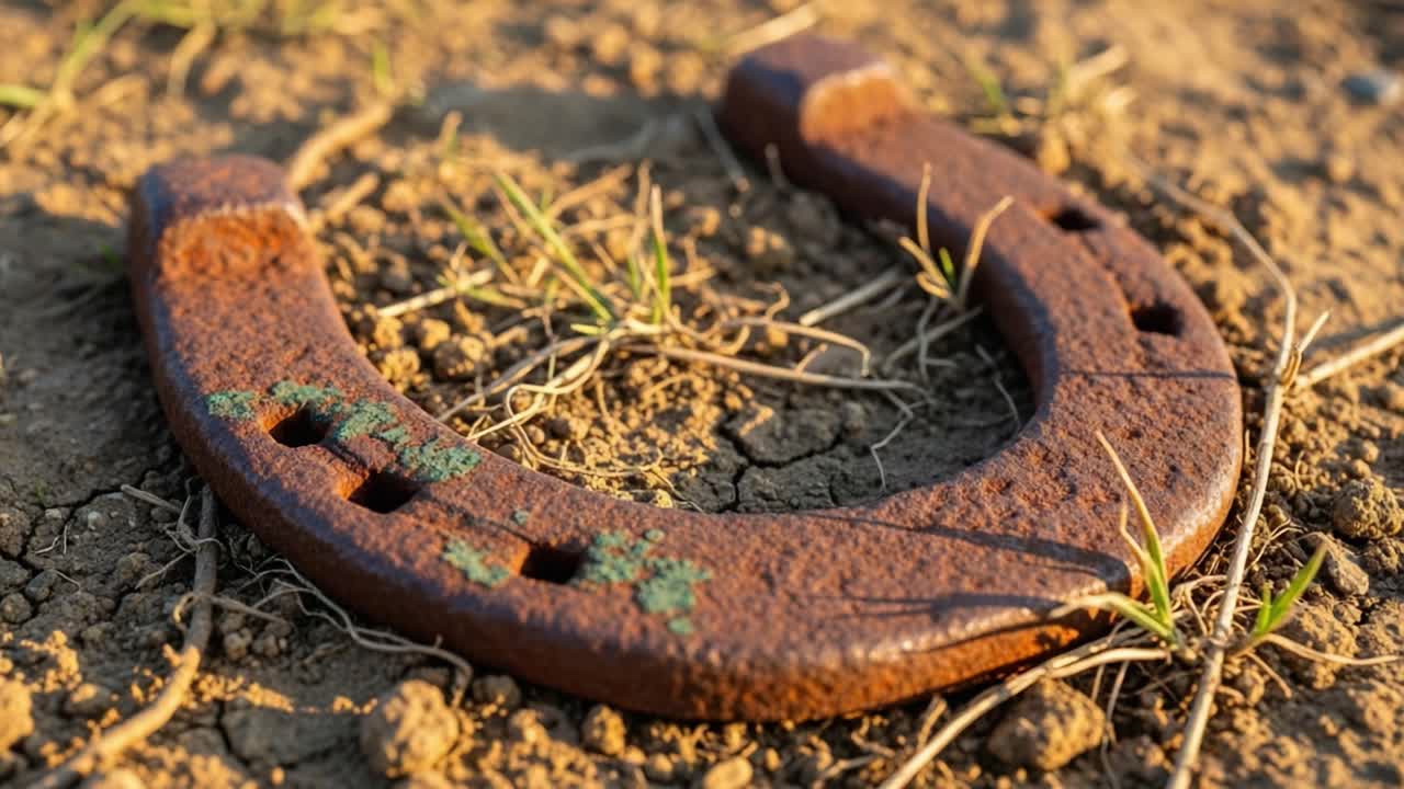 A Close-Up View of an Old Rusty Horseshoe Resting on Dry Soil Surrounded by Grass, Displaying Signs of Weathering and Time Passing in Nature