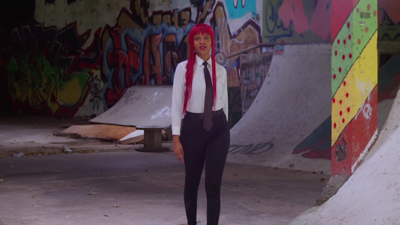 En rødhåret pige i professionelle sorte bukser og en hvid knapskjorte læner sig op ad en mur tagget med farverig gadekunst i en travl skatepark