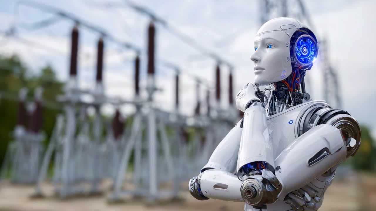 Futuristisk robot i en kraftværk-setting: Undersøgelse af energiinfrastruktur med avanceret teknologi og innovativt design, der viser robotteknologi i elektriske systemer