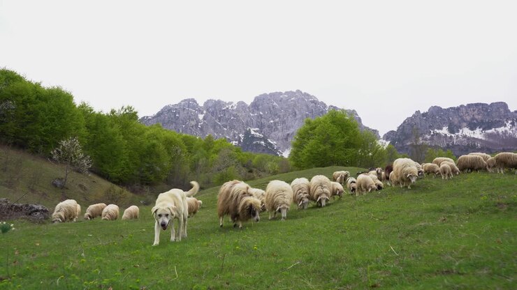 Cane pastore che guida pecore e agnelli verso un prato verde con sfondo montuoso