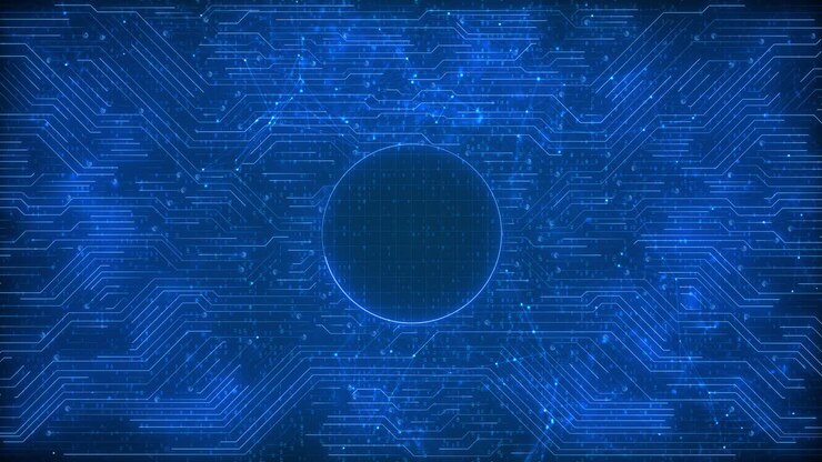 Animazione high-tech di una griglia di circuiti a plesso blu luminosa con un elemento centrale rotondo per la tecnologia.