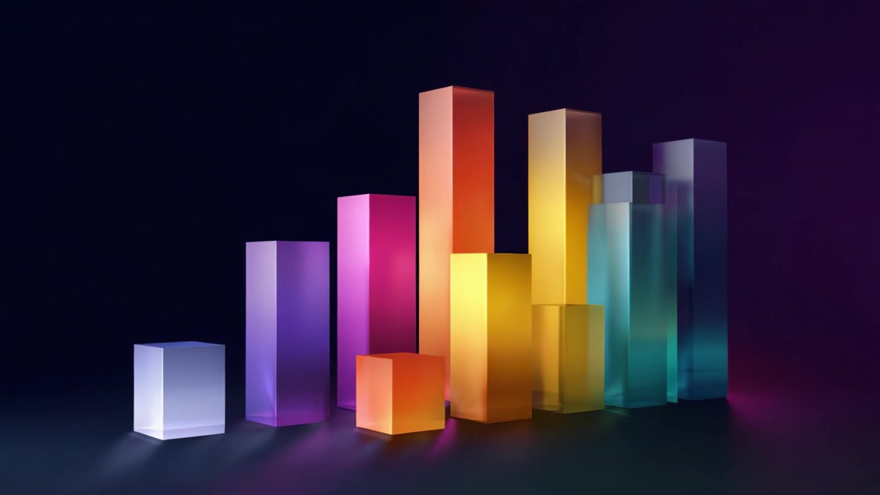 A Stunning Visual Display of Colorful Rectangular Cubes in a Dynamic Arrangement, Showcasing Vibrant Hues of Purple, Yellow, Orange, and Blue on a Dark Background
