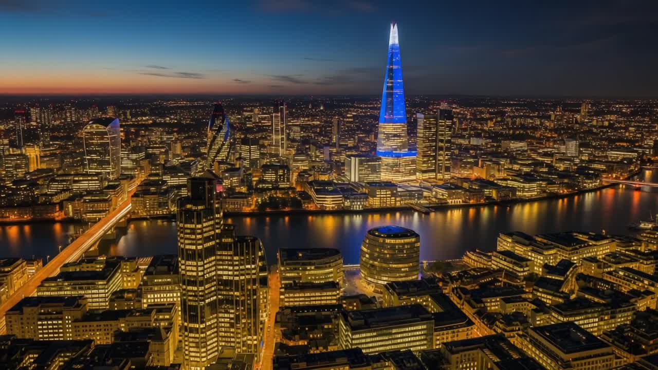 Stunning Nighttime Cityscape Featuring Iconic Skyscrapers and Illuminated Urban Landscape Overlooking a River with a Vibrant Skyline at Dusk