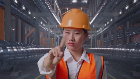 close up of asian female engineer with safety helmet disapproving with no index finger sign while standing with metal pipes
