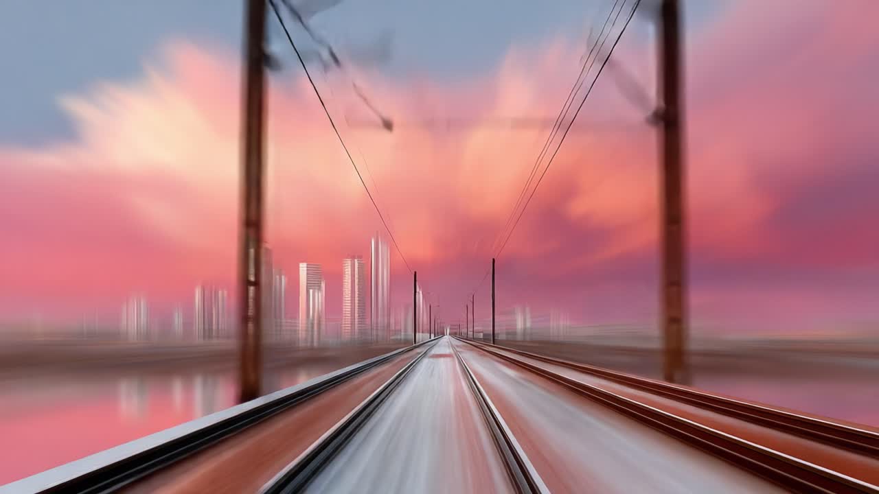 A Journey Through Time: Captivating Railway Pathway Leading to Stunning Urban Landscape at Sunset, Enveloped by a Vivid Sky of Blazing Hues