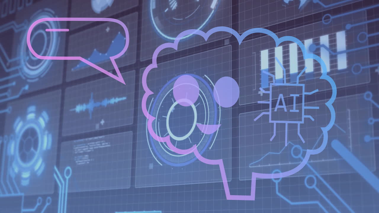 Animation of ai text in brain, speech bubble, graphs, globe and loading circles