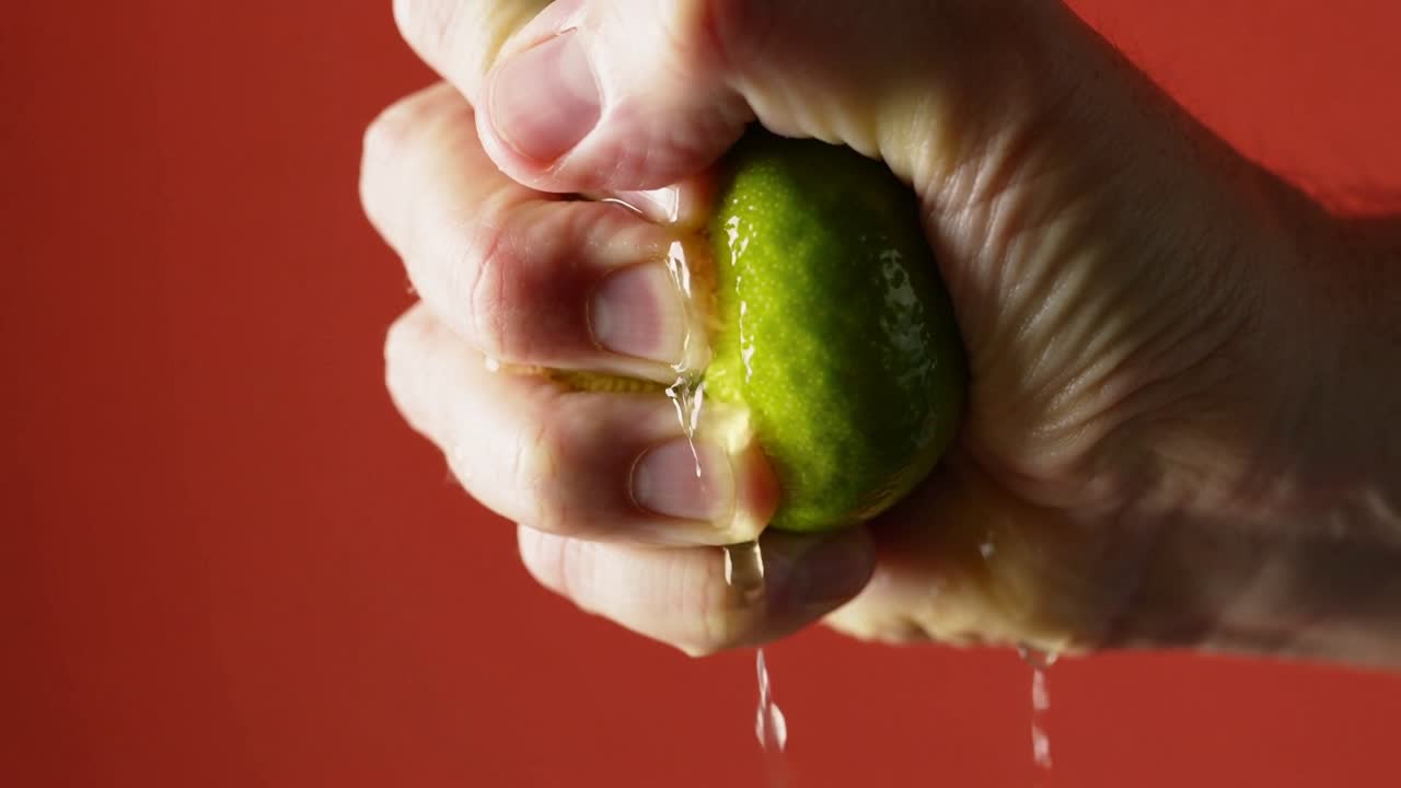 Acercando una lima verde a la mano derecha sobre un fondo rojo, exprimiéndola y soltando chorros de jugo para hacer jugo.