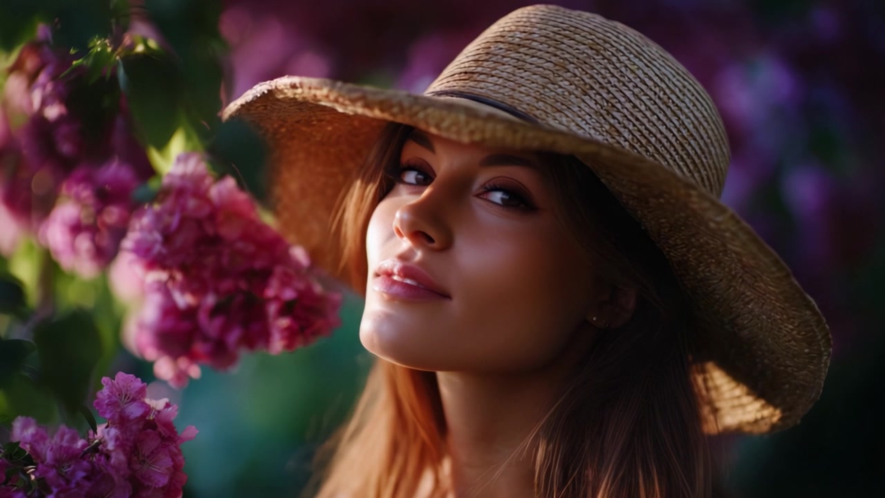 Momentos cautivadores de una hermosa mujer entre flores en flor, irradiando alegría y serenidad, abrazando la naturaleza con un encantador sombrero de paja bajo una luz suave.