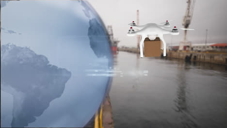 Animation-of-network-of-connections-over-drone-with-parcel-over-shipyard