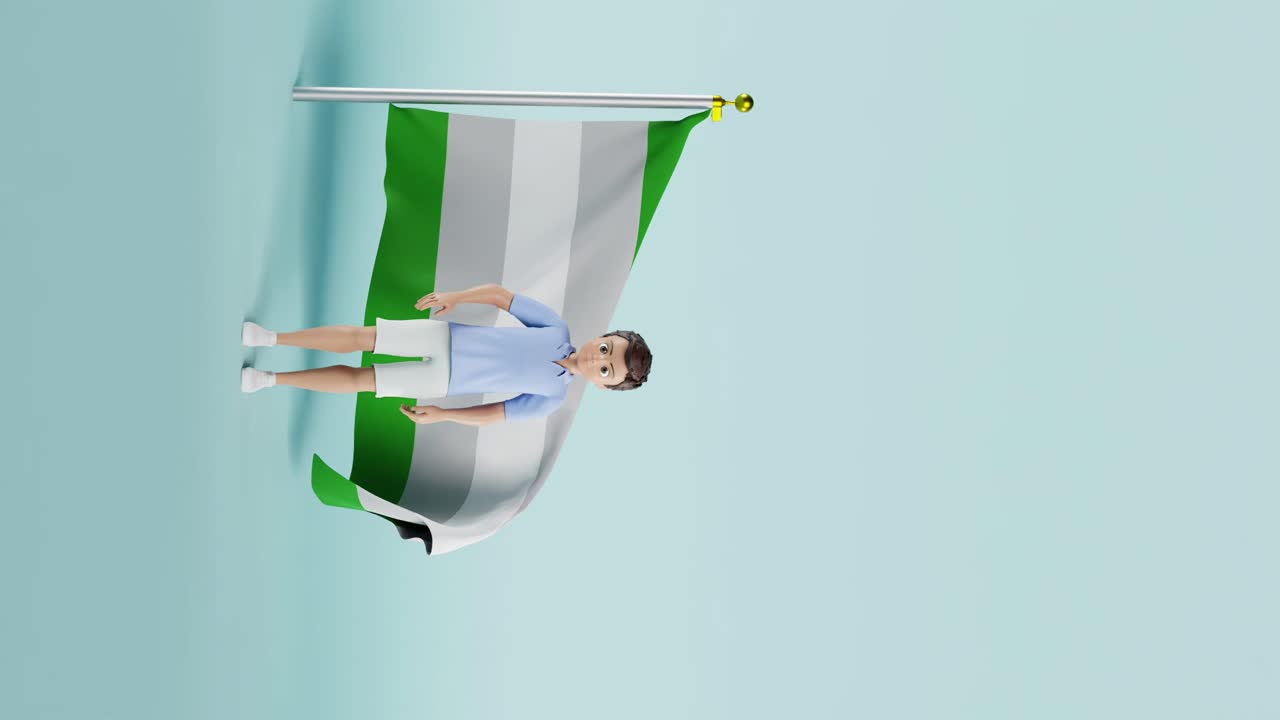 video de animación vertical de un hombre de pie frente a la bandera gris verde sexual en un fondo azul