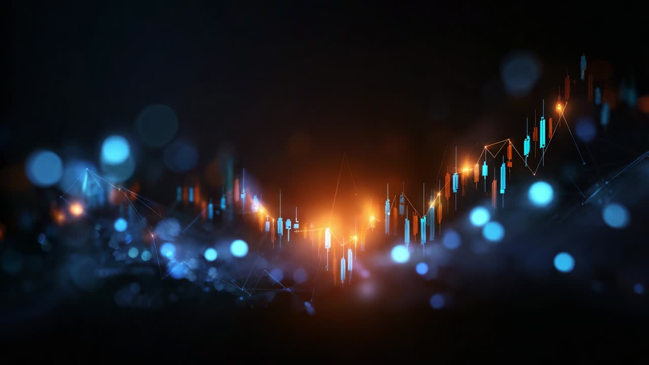 A Dynamic Visualization of Market Trends Showcasing the Flow of Candlestick Patterns in a Stunning Color Palette of Blue and Orange, Emphasizing Movement and Data in Modern Finance