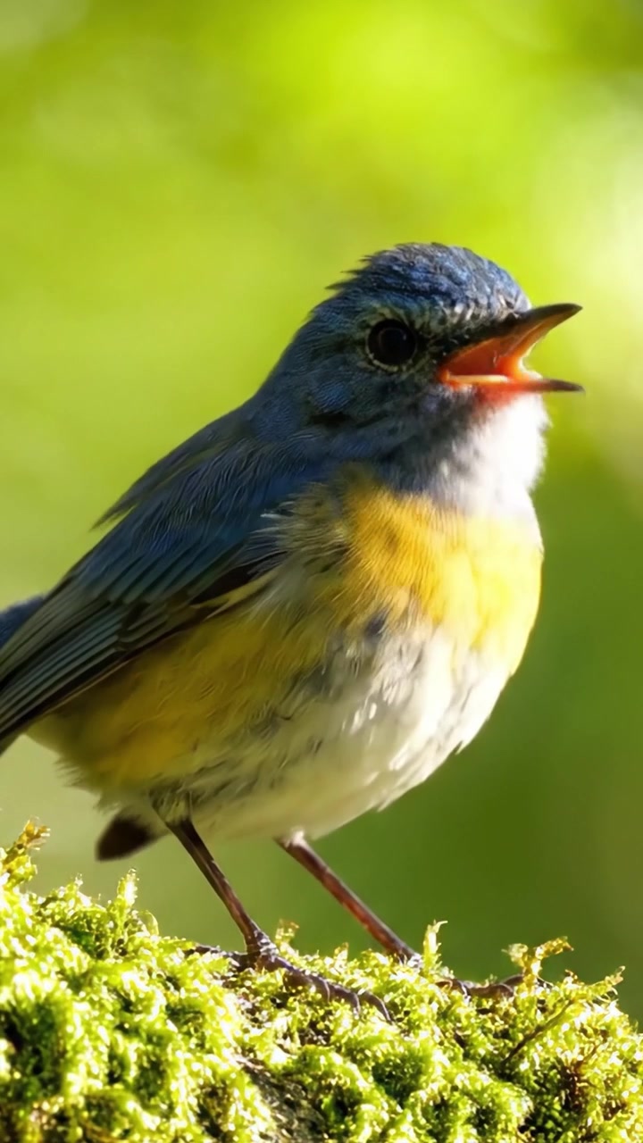 Momenti incantevoli di un uccello colorato appollaiato su muschio verde lussureggiante, che mostra le sue vivaci piume blu e gialle in un ambiente naturale sereno.