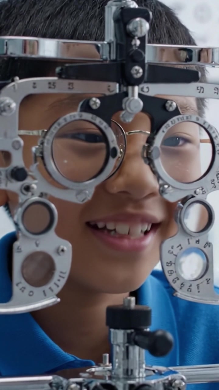 A Young Boy Experiencing an Eye Examination While Using an Optical Device, Emphasizing the Joy of Vision Testing and Discovery in a Medical Setting