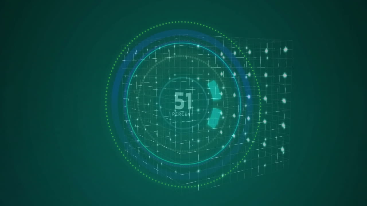 Digital progress indicator showing 51 percent, data processing animation over green background