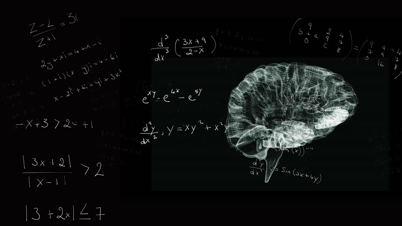 animación de ecuaciones matemáticas y cerebro 3d en fondo negro