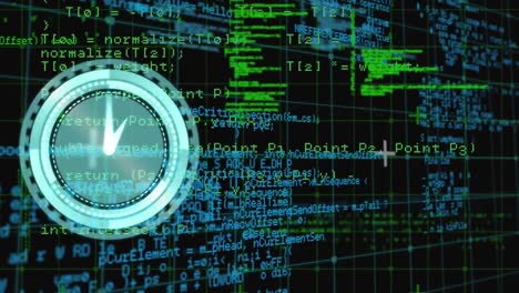 animación del reloj digital sobre el patrón de cuadrícula contra el lenguaje de la computadora en fondo negro