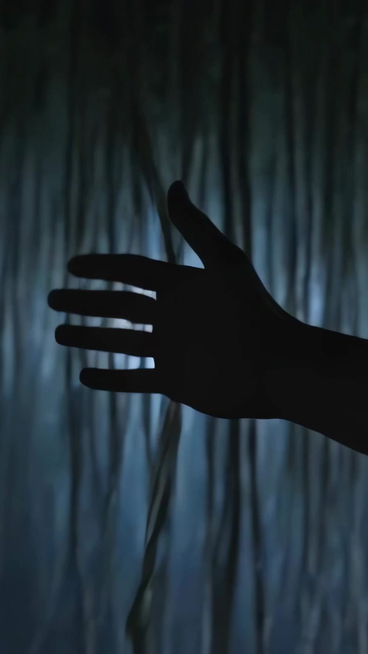 Video verticale: Entrando da destra, una mano scorre su una tenda, percependo i fili e la retroilluminazione.