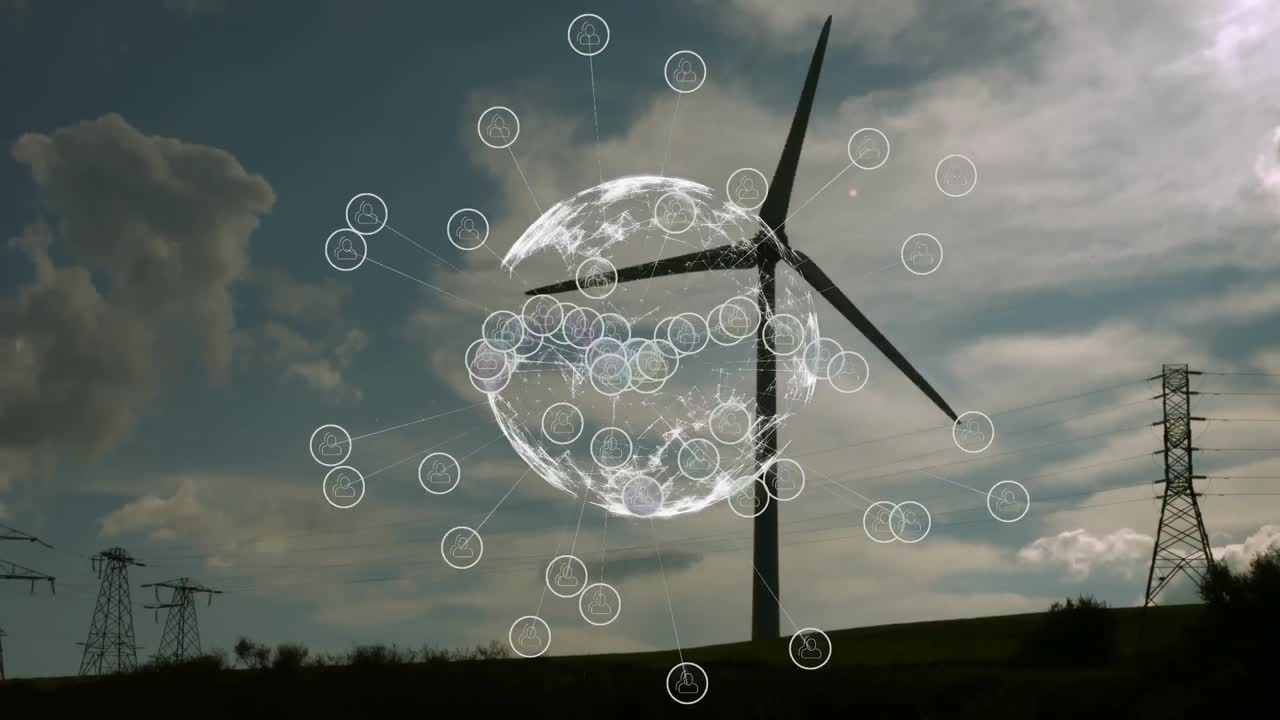 animación de redes de conexiones con iconos y globo sobre la turbina eólica