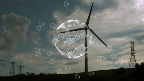 animation of networks of connections with icons and globe over wind turbine