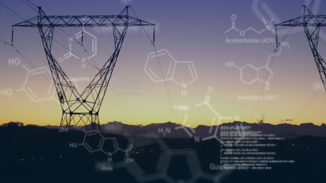 estructuras químicas con códigos de programa y un fondo de torres de transmisión