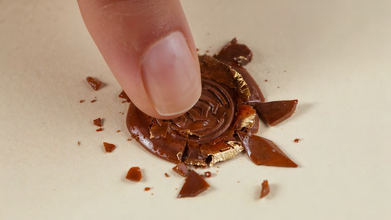 Touching fingertip pressing chocolate coin on plate, cracking gold foil into shards, showing center
