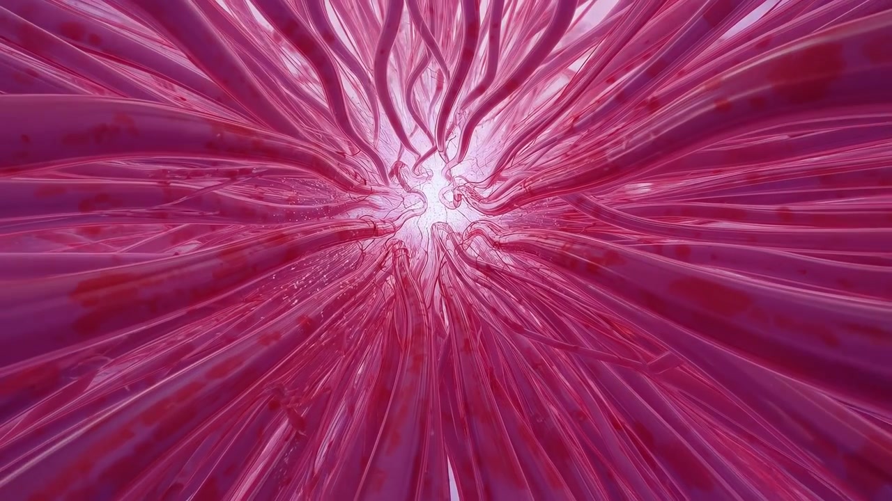 Moving camera entering radial tubes toward bright core, revealing glossy sheen and red flecks