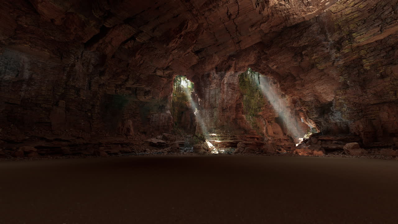 Sunlight beams illuminate a stunning underground cave during the day