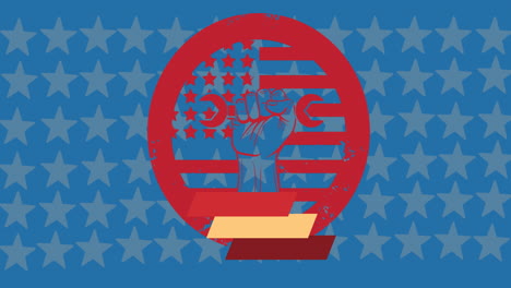 animation of red labour day symbol over american flag stars