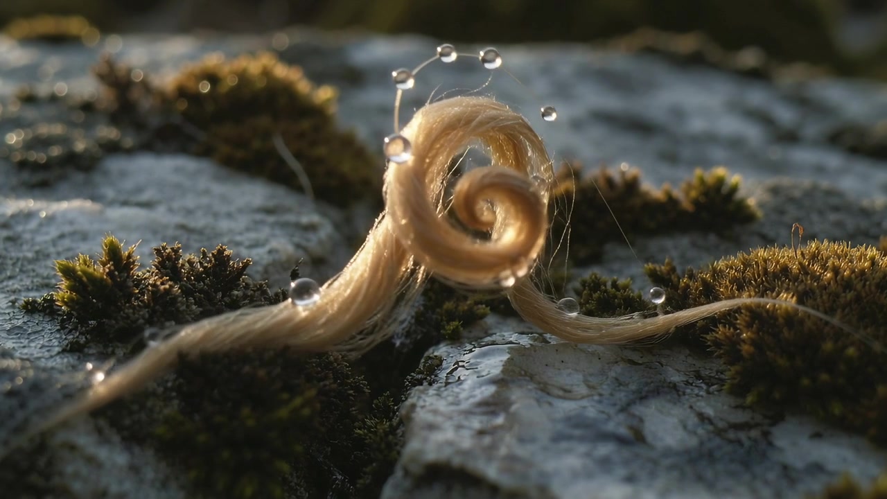 Macro Shot of Blonde Hair Strand Curling on Mossy Rock