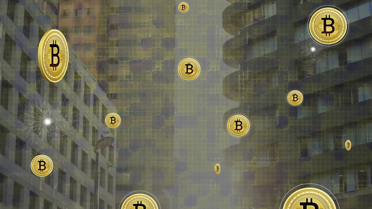 Animazione di elaborazione dati e bitcoin su paesaggio urbano