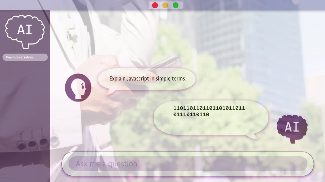 Animazione di chat AI online ed elaborazione dati su uomo afroamericano che usa lo smartphone