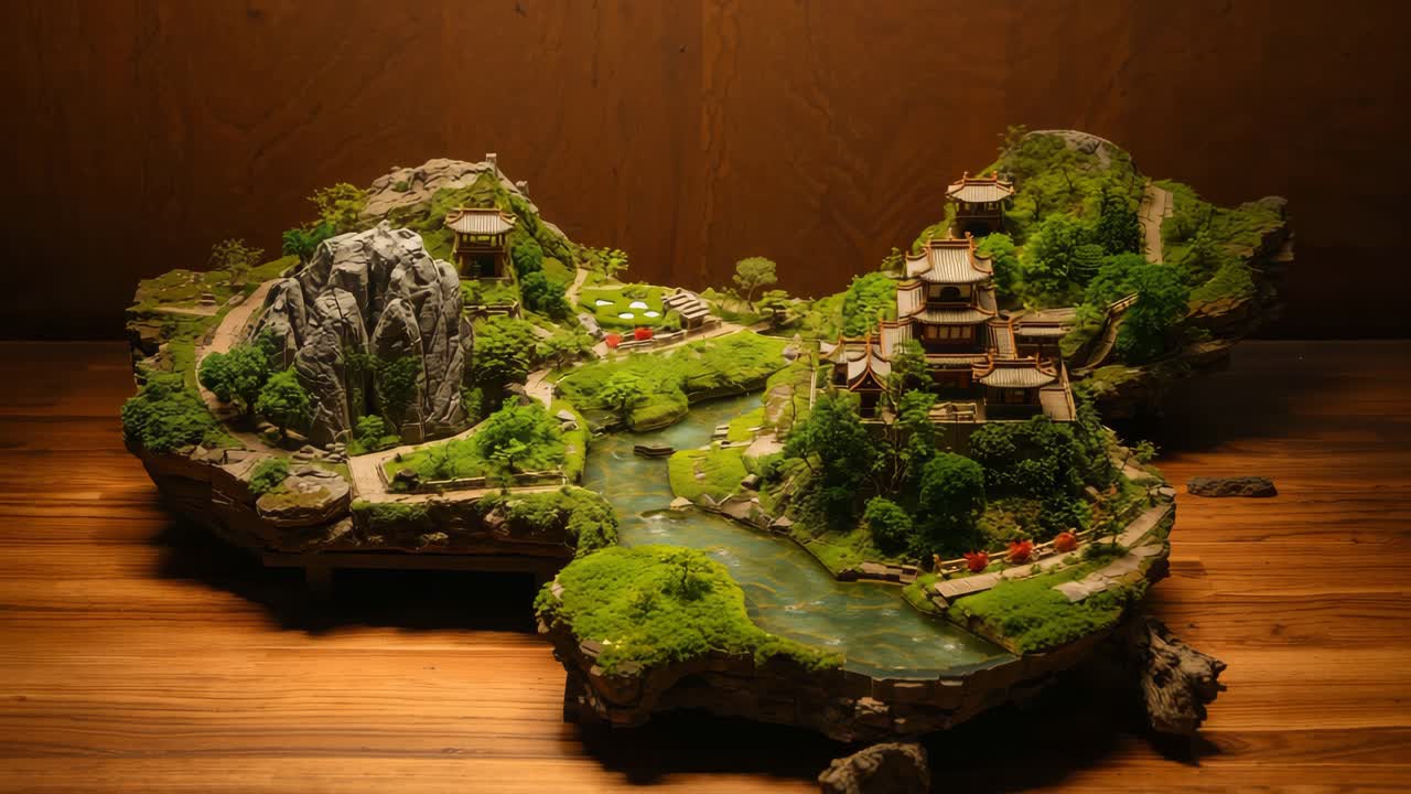 Miniature Japanese Landscape with River and Pagodas
