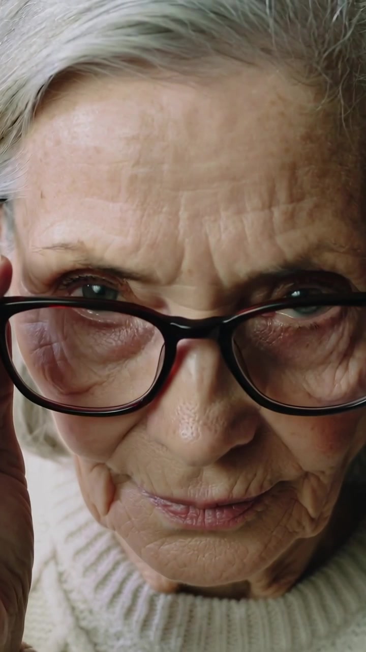 Video vertical: Mujer mayor con suéter color crema, sosteniendo sus gafas bajas, las sube y ajusta para ver mejor en casa.