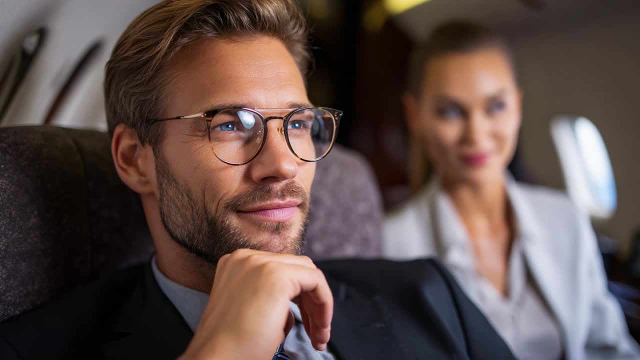 A Confident Man Sits in a Private Jet, Deep in Thought, While a Woman Behind Him Offers a Subtle Presence, Creating an Atmosphere of Sophistication and Executive Ambiance in Luxurious Air Travel