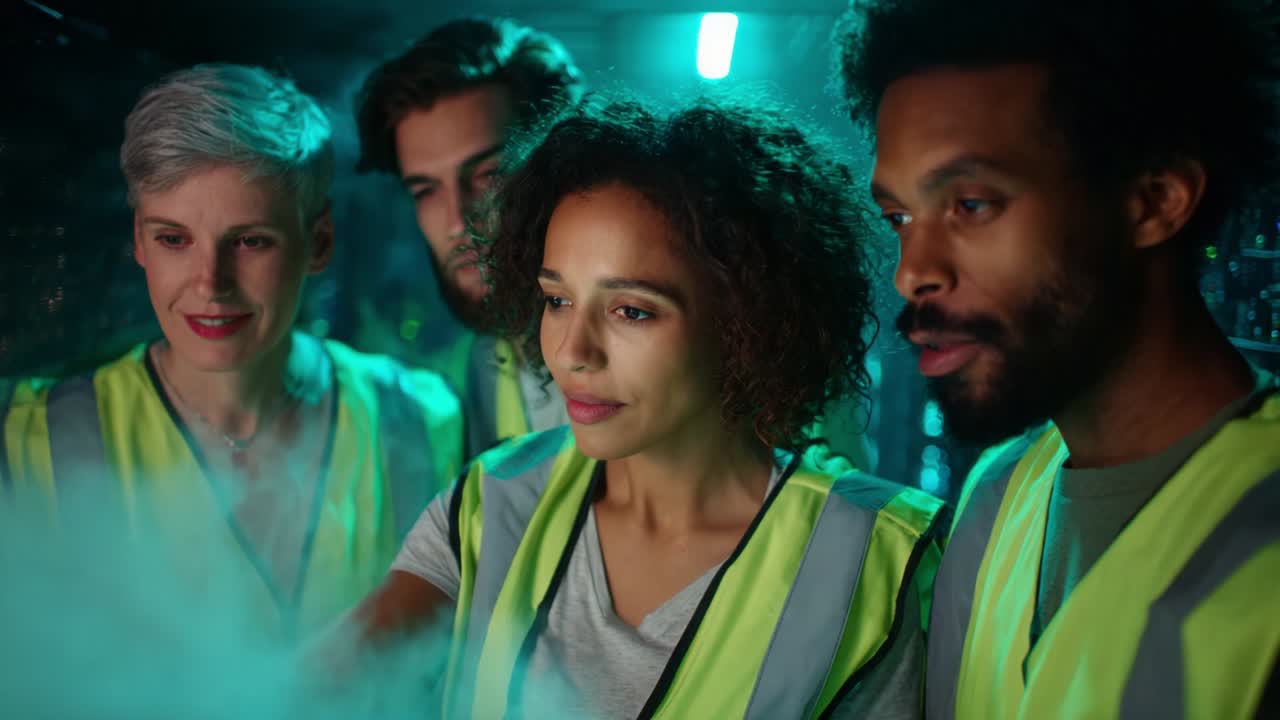 A group of four diverse individuals, clad in bright safety vests, intently examines a glowing screen amidst an atmospheric fog, showcasing teamwork and collaboration in a creative and innovative setting