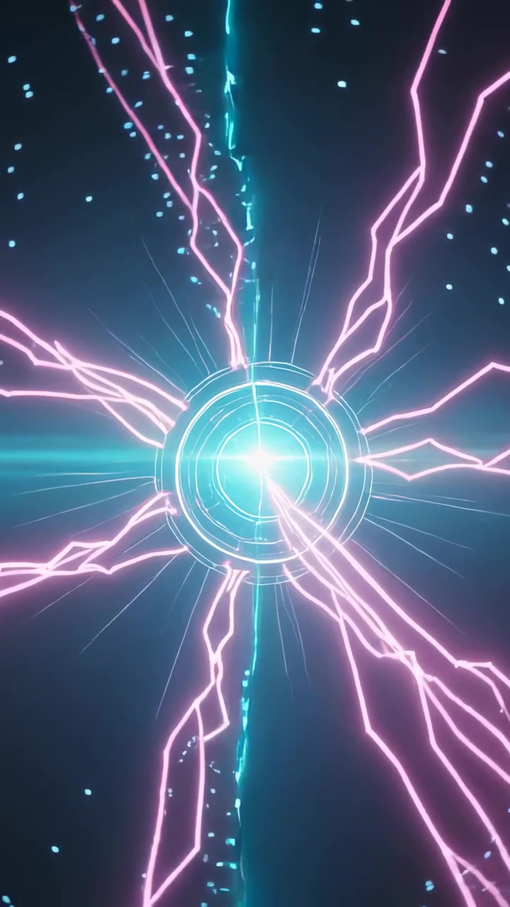 Vertical video: Charging cyan core powering up from beam strike in dark tech emitting magenta bolts