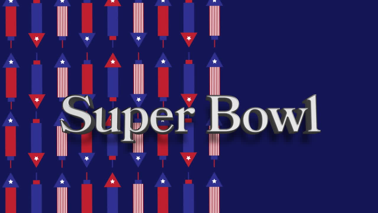 animación del texto del super bowl sobre fuegos artificiales coloreados con la bandera estadounidense
