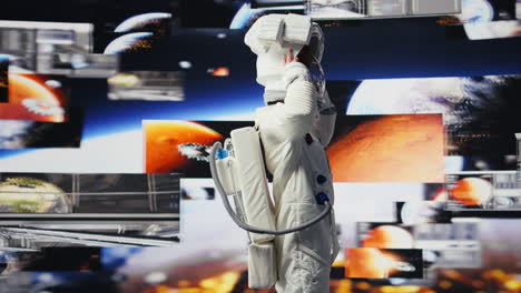 curious astronaut standing on a distant planet in space suit and helmet