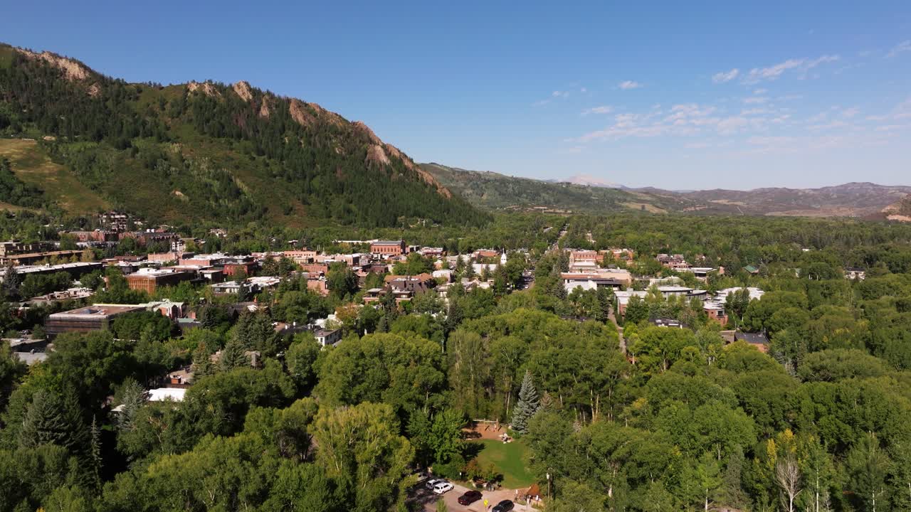 Aerial Boom Shot Reveals Beautiful Aspen, Colorado. Mountain Town