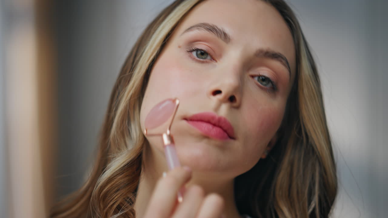 Woman using a beauty roller on her face
