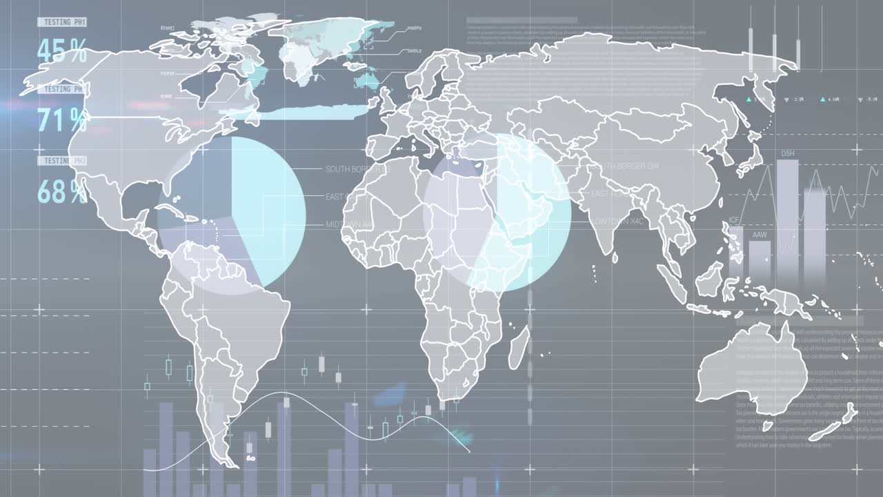 회색 배경에 대한 세계 지도 위의 통계 데이터 처리의 애니메이션