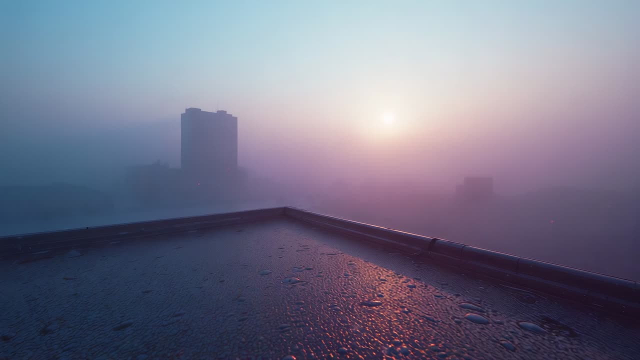 Emerging sunrise orb illuminating foggy rooftop ledge, revealing distant skyline, copy space