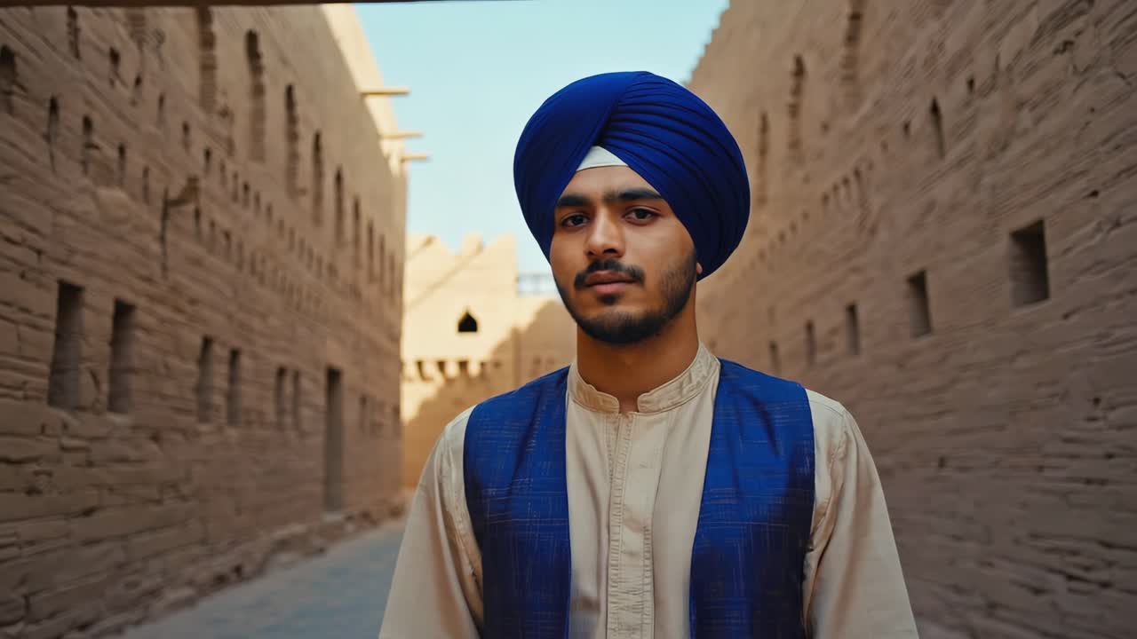 Man in traditional Sikh attire in a historic Middle Eastern setting