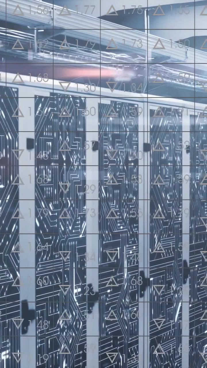 Vertical video: Camera panning in IT aisle revealing circuit racks with data overlay to monitor