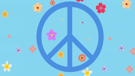 Animation-of-peace-icon-and-flowers-on-blue-background