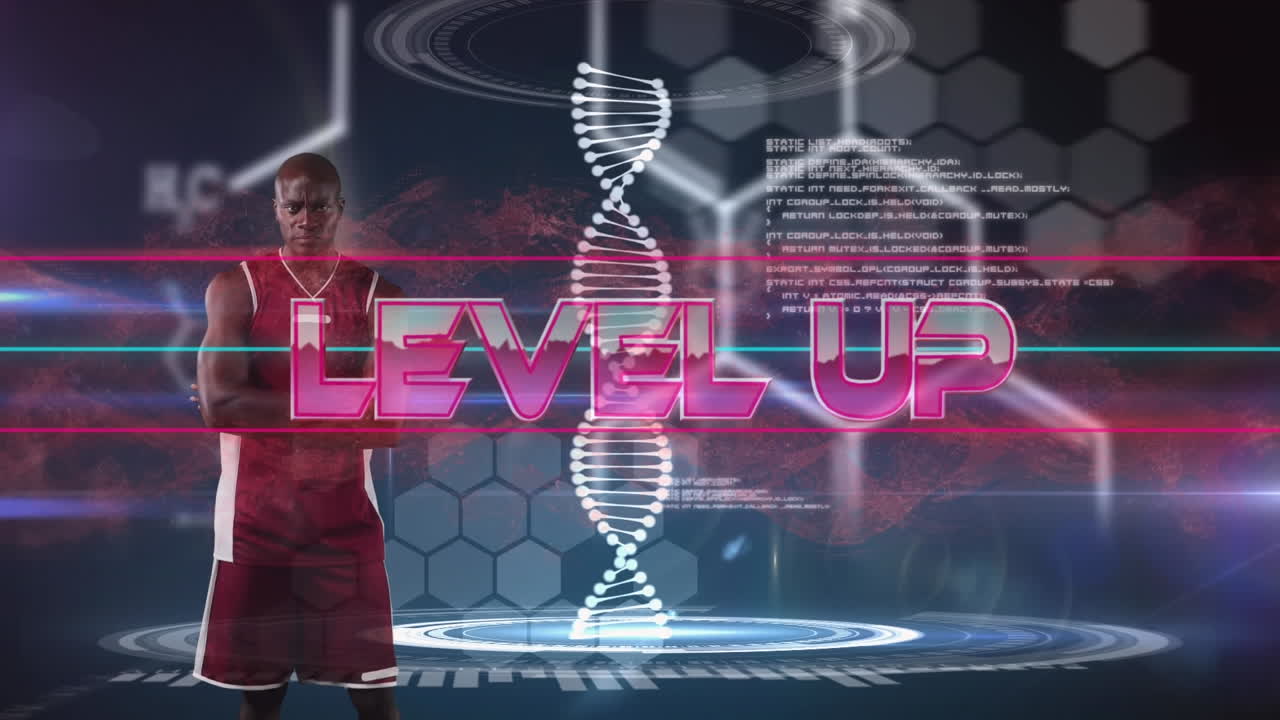 데이터 처리 및 아프리카계 미국 농구 선수와 함께 레벨 업 텍스트의 애니메이션