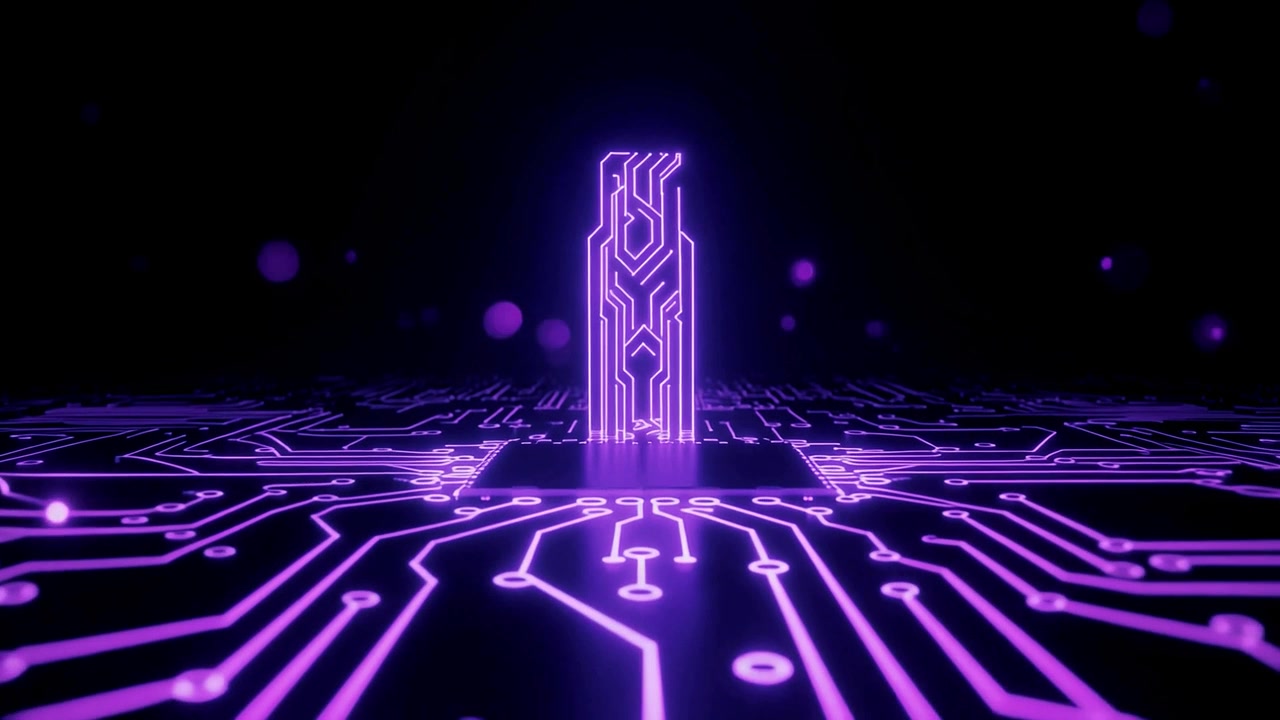 Futuristic Glowing Purple Circuit Board with Central Processor