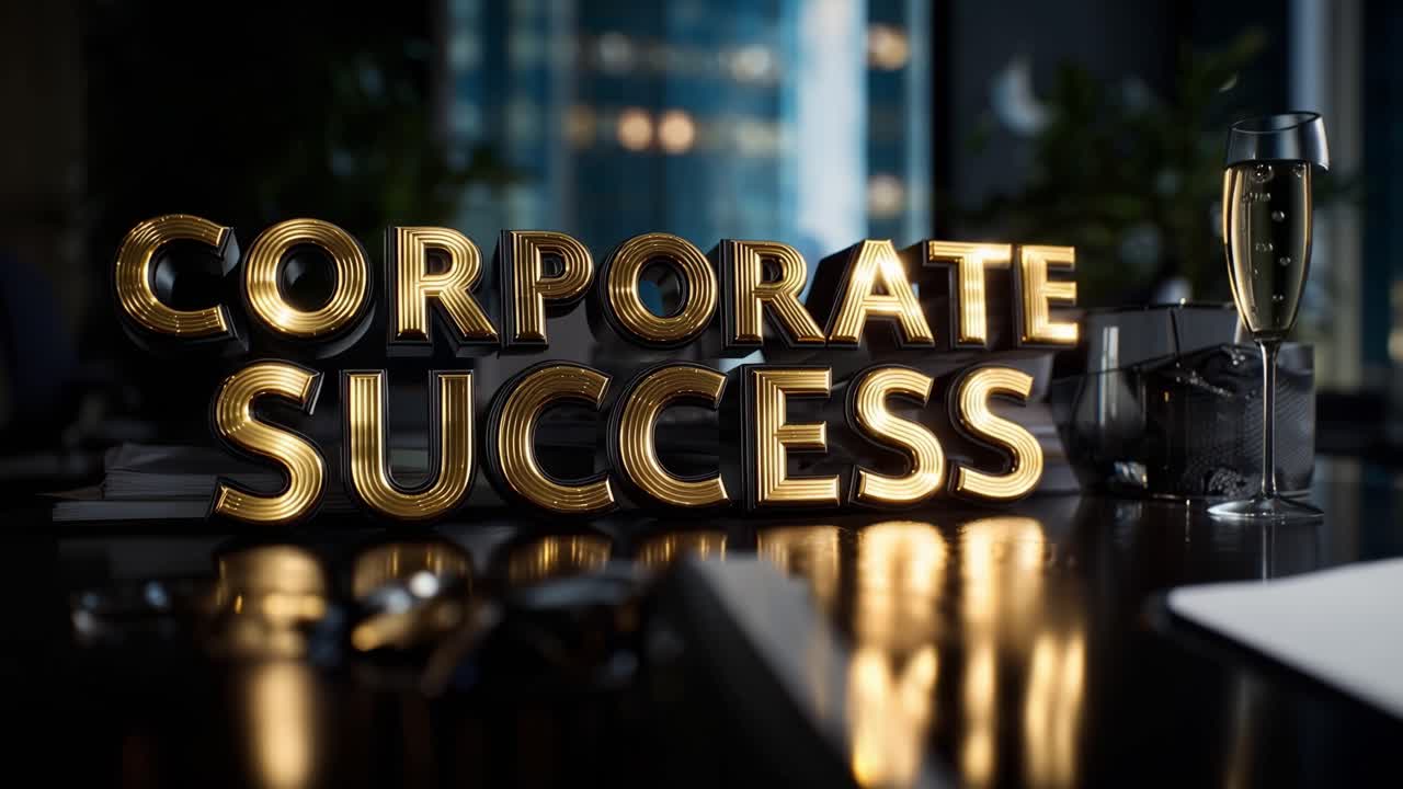 Glowing letters shine on a polished table. Champagne glass glints beside the text. Soft background lights hint at luxury. Serious, confident energy fills the scene. Perfect for business, finance