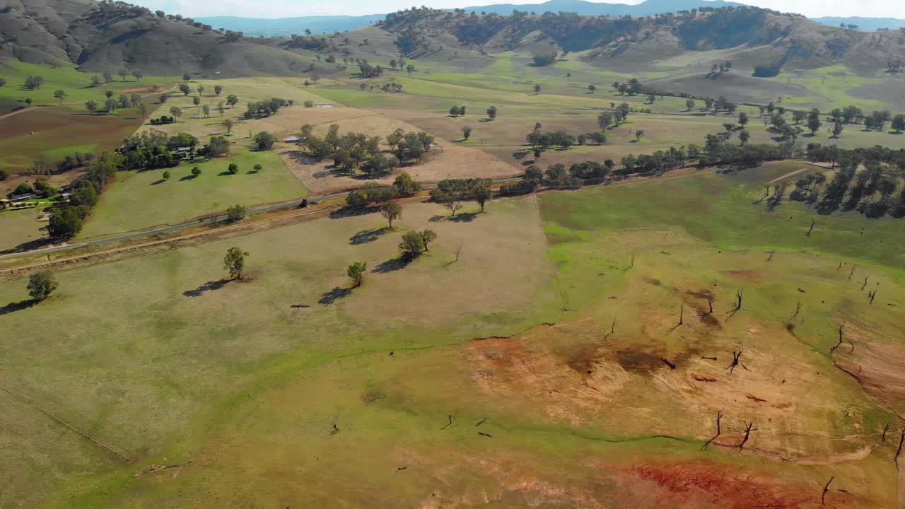 campos de vista aérea, árboles y una carretera, cerca del lago hume, día soleado, en victoria, australia - dolly, drone shot